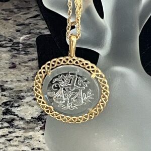 Crown Trifari Libra zodiac pendant necklace 19” w/etched intaglio glass disc